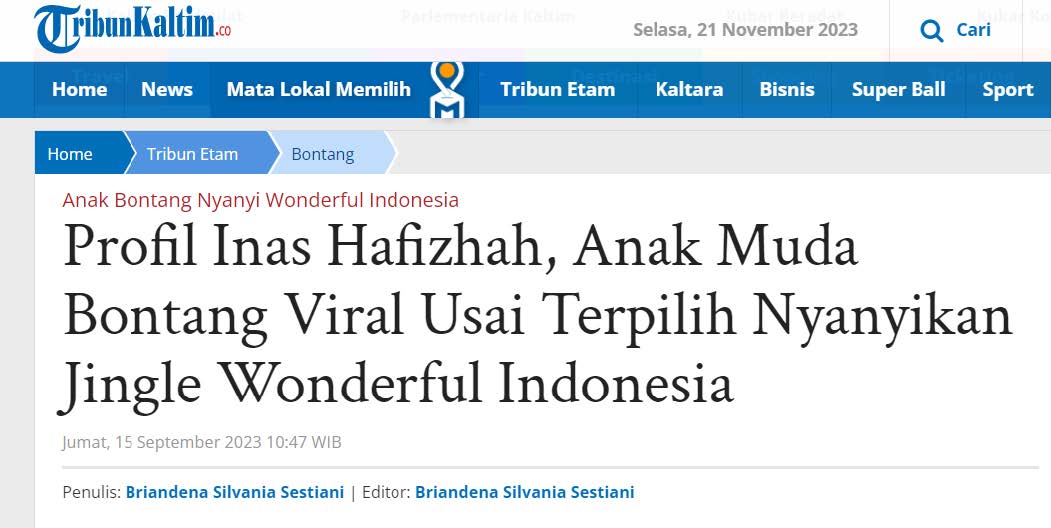 Inas Hafizhah Terpilih Nyanyikan Jingle Wonderful Indonesia